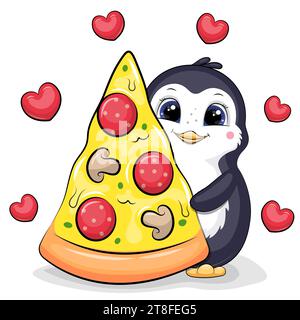 Carino pinguino da cartone animato con un pezzo grande di pizza. Illustrazione vettoriale di un animale su sfondo bianco con cuori rossi. Illustrazione Vettoriale