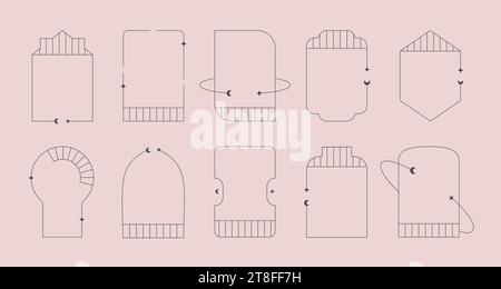 Cornici lineari estetiche minimali, archi con stelle decorative, lune. Finestra vettoriale geometrica boho, set porte. Illustrazione Vettoriale