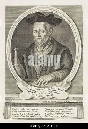 Probabilmente inciso da Etienne Jehandier Desrochers (1668-1741). Francois Rabelais, dottore in medicina Curé di Meudon nato a Chinon in Touraine, morì a Parigi nel 1553 all'età di 70 anni. Anni. A Parigi, presso Daumont rue St. Martin. Rabelais questo Varrone francese, nella sua piacevole Satire, pinching Peoples, Psini e Re, trova l'arte di farci ridere. Felice che i suoi scritti divertenti, e che si prendono con giustizia, fossero essi stessi più liberi, dei vizi che egli satira lì Foto Stock