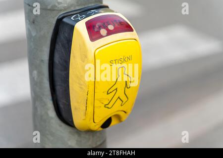 Attraversamento pedonale, attraversamento stradale, priorità attraversamento, attraversamento Zebra, pulsante pedonale, pulsante luce verde, sicurezza su strada, sicurezza pedoni Foto Stock