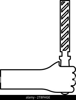 Lima per raspa in metallo manuale nel braccio utilizzare l'attrezzatura manuale per falegnameria contorno di lavoro icona linea di contorno colore nero illustrazione vettoriale Illustrazione Vettoriale