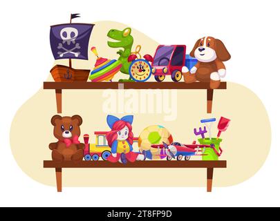 Giocattoli per bambini su scaffali in camera. Nave pirata, bambola e auto. Dino e animali di peluche. Palla e aereo. Divertente orologio e treno. Baby nursery e. Illustrazione Vettoriale