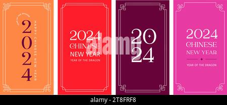 Capodanno cinese, storia, design di buste, collezione di biglietti d'auguri. Design moderno e minimalista Illustrazione Vettoriale