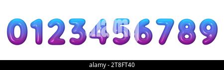 Numeri di plastica 3D, sfumati da blu a viola. Raccolta di numeri lucidi da 0 a 9. Vettore Illustrazione Vettoriale