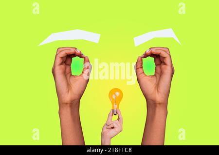 Grafica creativa 3d grafica collage pittura delle braccia con silhouette del volto sfondo giallo al neon isolato Foto Stock