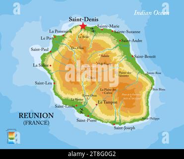 Mappa fisica altamente dettagliata dell'isola di Reunion in formato vettoriale, con tutte le forme di rilievo, le regioni e le grandi città. Illustrazione Vettoriale