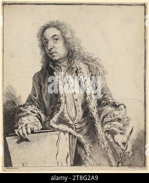 Francois Boucher (1703 - 1770) Antoine Watteau (1684 - 1721), dopo, autoritratto di Watteau, mezzo di stampa: Prima del 1727, incisione e incisione, dimensione foglio: 25,6 x 21,8 cm (tagliato in basso)" inciso in basso a sinistra "Watteau pinx."; firmato in basso a destra "Boucher Sculp Foto Stock