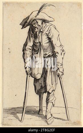 Jacques Callot (1592 - 1635), artista, mendicante, anonimo (datazione sconosciuta), artista:in Jacques Callot (1592 - 1635), copia dopo un occhio solo, Jacques Callot (1592 - 1635), artista, mendicante con gamba di legno, foglio 15 della serie 'The Beggars', origine del mezzo di stampa: 1622, 1623, incisione su carta vergé, dimensione foglio: 14. Margine piastra 0 x 9,0 cm: 13,7 x 8,7 cm, verso in alto a sinistra con scritta grafite "3"; rosso centrale Foto Stock