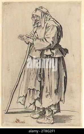 Jacques Callot (1592 - 1635), artista, mendicante, anonimo (datazione sconosciuta), artista:in Jacques Callot (1592 - 1635), copia dopo Blind Man and His Dog, Jacques Callot (1592 - 1635), artista, mendicante donna con le sue elemosine, foglio 23 della serie 'i mendicanti', origine del mezzo di stampa: 1622, 1623, incisione su carta vergé, dimensione foglio: 14. margine piastra 0 x 9,0 cm: 13,7 x 8,8 cm, verso numerato "15" in grafite in alto a sinistra; centro sinistro rosso Foto Stock