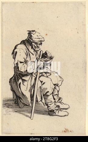 Jacques Callot (1592 - 1635), artista, Beggar, Anonimo (datazione sconosciuta), artista:in Jacques Callot (1592 - 1635), dopo, Beggar Woman with HIS elems, Jacques Callot (1592 - 1635), artista, sitting Beggars eating, foglio 24 della serie 'The Beggars', origine del mezzo di stampa: 1622, 1623, incisione su carta vergé, dimensione foglio: 14. margine piastra 0 x 9,0 cm: 13,8 x 8,7 cm, verso numerato "22" in grafite in alto a sinistra; centro a destra rosso Foto Stock