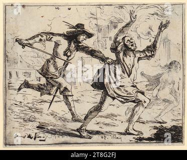 Hans Ulrich Frank (1590, 1595 um - 1675), Un soldato insegue un contadino, foglio della serie "25 Scenes from the Soldier's Life", data di stampa: 27.5,1656, incisione, dimensioni foglio: 10,7 x 13,5 cm, in alto al centro inciso "R" e in basso da sinistra a destra firmato e datato "Hanns Ulrich Franckh Foto Stock