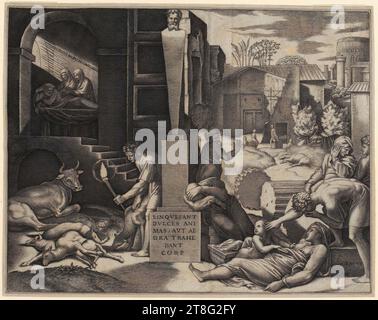 Lorenzo Loli (1612 um - 1691), artista Giovanni Andrea Sirani (1610 - 1670), dopo, Sacra famiglia con San Elizabeth e St. Giovanni Battista, Marcantonio Raimondi (1470, 1482 um - um 1527, 1534), artista Raffaello (1483 - 1520), dopo, peste in Frigia, origine della stampa: 1515 - 1516, incisione su lastra, dimensione foglio: 20. Platemark 5 x 26,0 cm: 20,0 x 25,5 cm, in alto a sinistra "EFFIGIE SACRAE DIVOM PHRIGI", in basso al centro sulla base con l'iscrizione "LINQVEBANT, verso in basso a sinistra nota per il rivenditore in grafite "14976, RC."; in basso a sinistra nera Foto Stock