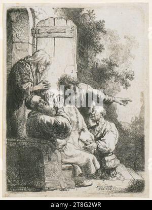 Rembrandt Harmensz. Van Rijn (1606 - 1669), artista anonimo (datazione sconosciuta), rielaborato da, Joseph racconta i suoi sogni, Rembrandt Harmensz. Van Rijn (1606 - 1669), artista, Jacob è portato il cappotto di Joseph, mezzo di stampa: Circa 1633, incisione e punto a secco, dimensioni foglio: 11,2 x 8,4 cm, firmato in basso a destra 'Rembrandt, van Ryn fe Foto Stock