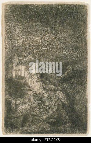 Rembrandt Harmensz. Van Rijn (1606 - 1669), artista, Rest on the Flight into Egypt, night piece, Rembrandt Harmensz. Van Rijn (1606 - 1669), artista, riposo durante il volo in Egitto, pezzo notturno, origine del mezzo di stampa: Circa 1644, incisione e punto secco, dimensioni foglio: 9,4 x 6,1 cm Foto Stock