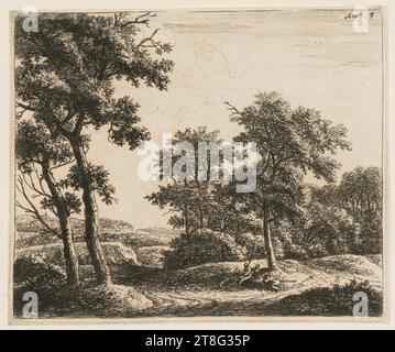 Antoni Waterloo (1609 um - 1690), due pastori che riposano ai piedi di un albero, foglio 5 della serie 'Landscapes' (Hollstein No. 33-38), mezzo di stampa: 1640 - 1690, incisione, dimensione foglio: 11,8 x 14,3 cm, monogramma in alto a destra e numerato 'A W F. 5 Foto Stock