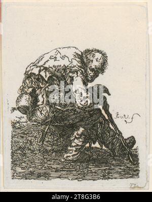 Johannes van Vliet (1628 - 1637 menzionato intorno), copia dopo, sitting Beggar, foglio 5 della serie 'Beggar', origine del supporto di stampa: 1632 - 1680, incisione, dimensione foglio: 9,9 x 7,7 cm, inciso al centro a destra 'JG v. V. f Foto Stock