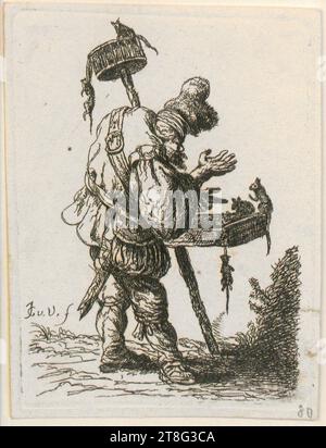 Johannes van Vliet (1628 - 1637 menzionato intorno), copia dopo, Pied Piper, foglio 8 della serie 'Beggar', origine del supporto di stampa: 1632 - 1680, incisione, dimensione foglio: 10,0 x 7,4 cm, in basso a sinistra con l'iscrizione 'JG v. V. f Foto Stock