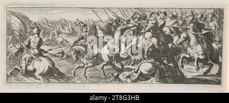 Simon Wynhoutsz. Frisius (1570, 1575 um - 1628), artista Antonio tempesta (1555 - 1630), copia dopo, lotta tra soldati e turbanti che indossano cavalieri vicino a un fiume, origine della stampa: 1590 - 1628, incisione incisione incisione incisione incisa su incisioni su incisioni su lastre di rame, dimensioni foglio: 10,8 x 28,0 cm, in basso a sinistra con l'iscrizione "A. Temp in." e al centro era il '9 Foto Stock