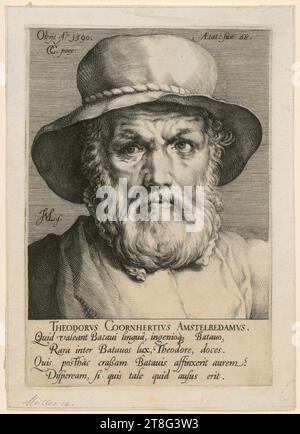 Jan Harmensz. Muller (1571 - 1628) Cornelis Cornelisz. Van Haarlem (1562 - 1638), dopo, ritratto di Dirck Volckertsz. Coornhert, origine della stampa: 1590, incisione su copperplate, dimensione foglio: 20,8 x 14,9 cm margine lastra: 18,6 x 12,7 cm, in alto a sinistra datato e con iscrizione 'Obijt A.° 1590., CC. Pinx:', in alto a destra, con l'iscrizione "Ætat: suæ 6 Foto Stock