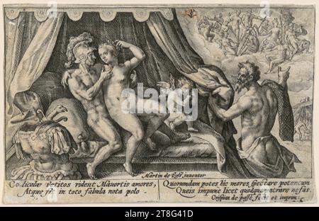 Crispijn de Passe (il Vecchio) (1564 - 1637), esecuzione Marten de Vos (1532 - 1603), After, Venere e Marte sono sorpresi da Vulcan, illustrazione dalle "Metamorfosi" di Ovidio, origine della stampa: 1602 - 1604, incisione su lastra, dimensione foglio: 8,2 x 13,0 cm, monogramma "CPV" al centro superiore; in basso al centro c'è scritto "Martin de Voss inventor; in basso c'è scritto "C Foto Stock