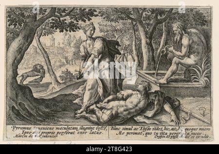 Crispijn de Passe (il Vecchio) (1564 - 1637), Execution Marten de Vos (1532 - 1603), After, Pyramus e Thisbe, foglio della serie 'De Metamorphosen', origine della stampa: 1602 - 1604, incisione su copperplate, dimensione foglio: 8,3 x 12,9 cm, monogramma 'CPV' in basso a destra; iscrizione 'Pyramus inueniens ... facce perempta." più in basso Foto Stock