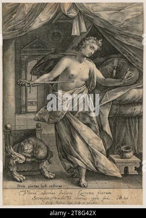 Crispijn de Passe (il Vecchio) (1564 - 1637), Suicide of Lucretia, data di stampa: 1589, incisione su copperplate, dimensione foglio: 34,4 x 25,8 cm, incisa in basso a sinistra 'non pictas sed castitas'. E scritto e firmato in basso a sinistra, Vltrix alterius Foto Stock