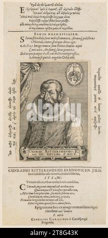 Egidius Sadeler (il giovane) (1570 um - 1629), ritratto di Konrad Rittershausen Rittershusius, origine della stampa: c. 1560 ?, incisione su copperplate, dimensioni foglio: 26,9 x 12,5 cm margine piatto: 12,3 x 9,1 cm, sopra sette righe di testo greco; sotto inciso "EGO IN MEAM EFFIGIEM., si non splendida Foto Stock