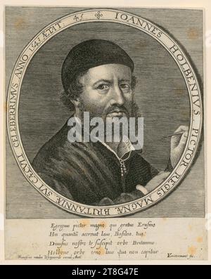 Lucas Vorsterman (il Vecchio) (1595 - 1675)Hans Holbein (il giovane) (1497 - 1543), dopo Frans van den Wyngaerde (1614 - 1679), editore, ritratto di Hans Holbein il giovane, data di stampa: 1622 - 1628, incisione su copperplate, dimensioni foglio: 15,3 x 12,1 cm, inciso intorno al medaglione 'IOANNES HOLBENIVS, PICTOR REGIS MAGNÆ BRITANNIÆ. SVC CÆCVLI CELEBERRIM, verso firmato in penna ? In nero "KLV Liphart" (L.1687) Karl Eduard von Liphart Foto Stock