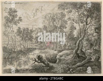 Lucas van Uden (1595 - 1672)Frans van den Wyngaerde (1614 - 1679), editore, paesaggio alluvionale con ruscello circondato da alberi, foglio 3 della serie 'sei paesaggi', origine del mezzo di stampa: 1610 - 1672, incisione e incisione, dimensione foglio: 9. 7 x 13,4 cm, in alto a sinistra con l'iscrizione "Franc. vanden Wyngaerde escc."; monogramma in basso a destra "L, VV", verso in basso a sinistra nero Foto Stock