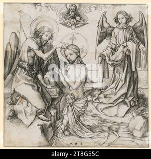 Martin Schongauer (1450 um - 1491), artista, battesimo di Cristo, stampa media: 1470 - 1474, incisione su lastra di copperplate, dimensione foglio: 15,8 x 15,9 cm, parte centrale inferiore monogramma 'M + S. Foto Stock