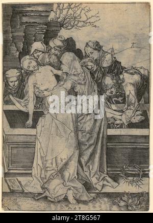 Martin Schongauer (1450 um - 1491), artista, Entombment of Christ, foglio 10 della serie 'la passione di Cristo', origine della stampa: 1470 - 1482, incisione su copperplate, dimensione foglio: 16,3 x 11,7 cm, monogramma in basso al centro 'M + S. Foto Stock