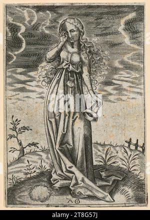 Maestro A G (1470 - 1490 attivo circa), artista Martin Schongauer (1450 circa - 1491), copia dopo, terza sciocca vergine, foglio 8 della serie "le cinque vergini sagge e le cinque vergini sciocche", origine del supporto di stampa: Circa 1450 - 1500, incisione su copperplate, dimensione foglio: 12,1 x 8,5 cm, monogramma centrale inferiore Foto Stock