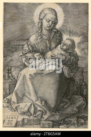 Anonimo (data sconosciuta), incisore Albrecht Dürer (1471 - 1528), copia dopo Maria, coronata da un angelo, Albrecht Dürer (1471 - 1528), artista, Vergine con il bambino a pagaiata, mezzo di stampa: 1520, incisione su copperplate, dimensione foglio: 13,8 x 9,5 cm, in basso a sinistra sulla lastra datata e monogramma '1520, d.C. Foto Stock