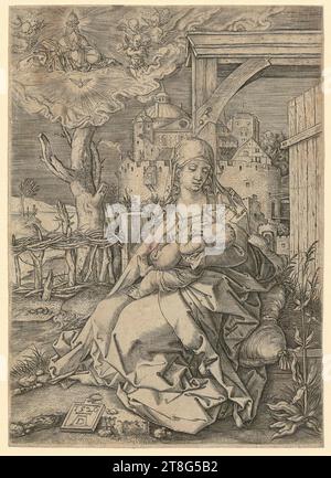 Albrecht Dürer (1471 - 1528), artista, Sacra famiglia, sei figure, Anonimo (datazione sconosciuta), incisore Albrecht Dürer (1471 - 1528), copia dopo Sacra famiglia, sei figure, Anonimo (datazione sconosciuta), incisore Albrecht Dürer (1471 - 1528), copia dopo Sacra famiglia, sei figure, Albrecht Dürer (1471 - 1528), scuola, Vergine e bambino, origine del mezzo di stampa: circa 1530, incisione su copperplate, dimensione foglio: 16. 7 x 12,0 cm, in basso a sinistra sulla piastra datata e monogramma '1520, ad Foto Stock