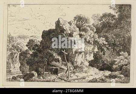 Antoni Waterloo (1609 um - 1690), artista, Kahlen Felsen, Christian Wilhelm Ernst Dietrich (1712 - 1774), A hermitage Among Rocks, media di stampa: 1743, incisione, dimensione foglio: 9,4 x 14,6 cm (foglio tagliato in modo irregolare)' Field3 firmato e datato in alto a sinistra 'D. 1743 Foto Stock