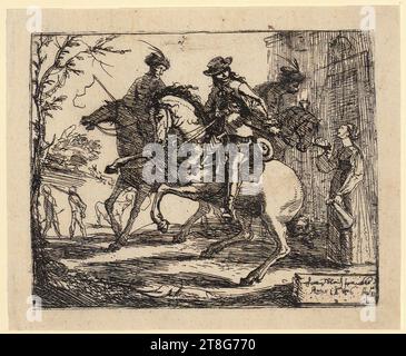 Hans Ulrich Frank (1590, 1595 um - 1675), tre soldati a cavallo di fronte a una locanda, foglio della serie '25 scene dalla vita dei soldati', mezzo di stampa: 1656, incisione, dimensioni foglio: 12,2 x 14,9 cm platemark: 10,5 x 13,1 cm, inciso 'n' in alto al centro e firmato e datato in basso a destra sulla targa 'Hanns Ulrich Franckh, An Foto Stock