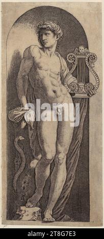 Marcantonio Raimondi (1470, 1482 um - um 1527, 1534), artista Raffaello (1483 - 1520), dopo, Apollo, origine del mezzo di stampa: 1512 - 1514, incisione su copperplate, dimensione foglio: 21,2 x 9,5 cm (con aggiunte), verso squadrato con grafite, traccia della figura con grafite Foto Stock