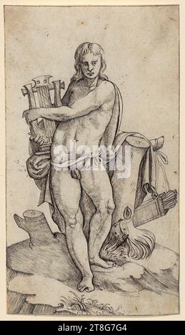 Anonimo (data sconosciuta), italiano, artista:in Marcantonio Raimondi (1470, 1482 um - um 1527, 1534), scuola, Apollo, origine del mezzo di stampa: 1520 - 1560, incisione su copperplate, dimensioni foglio: 14,4 x 8,1 cm Foto Stock