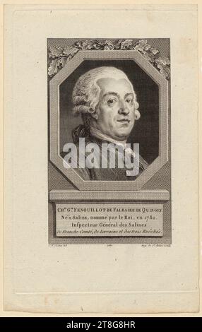 Augustin de Saint-Aubin (1736 - 1807)Charles-Nicolas Cochin (il giovane) (1715 - 1790), dopo, ritratto di Charles-George Fenouillot de Falbaire de Quingey, origine del mezzo di stampa: 1787, incisione e incisione, dimensione foglio: 21,2 x 13,4 cm (tagliato a destra entro il margine della piastra)" incisa nella parte inferiore della piastra "CH.LE G.GE FENOUILLOT DE FALBAIRE DE QUINGEY, Né à Salins, nommé par le Foto Stock