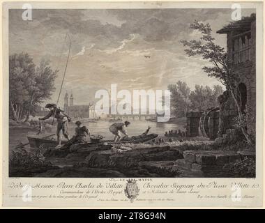 Jacques Aliamet (1726 - 1788)Joseph Vernet (1714 - 1789), dopo, mattinata, foglio 1 della serie "le quattro volte del giorno", mezzo di stampa: Circa 1770, incisione incisione incisione e incisione su copperplate, dimensione foglio: 35,8 x 45,3 cm, inciso in basso a sinistra "J Vernet Pinxit.", firmato in basso a destra "Aliamet Sculp." e al centro inferiore be Foto Stock