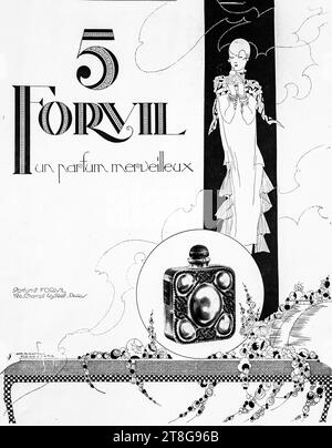 Pubblicità sui profumi del 1926 per Les 5 Fleurs di Forvil, con signora art deco e bottiglia. Foto Stock