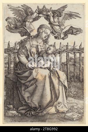 Albrecht Dürer (1471 - 1528), artista, Maria col bambino al muro, Anonimo (datazione sconosciuta), incisore Albrecht Dürer (1471 - 1528), copia dopo Maria col bambino al muro, Johannes Wierix (1549 - 1620), artista Albrecht Dürer (1471 - 1528), copia dopo Maria con il bambino al muro, Albrecht Dürer (1471 - 1528), artista, Vergine Maria incoronata da due angeli, origine del corriere di stampa: 1518, incisione su copperplate, dimensione foglio: 15. 3 x 10,5 cm, in basso a destra su pietra datata e monogramma '1518, ad Foto Stock