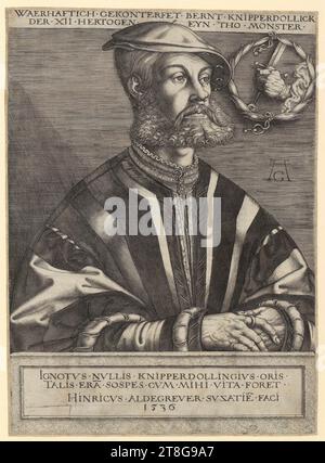 Heinrich Aldegrever (1502 - 1555, 1561), artista, ritratto di Bernt Knipperdolling, origine del supporto di stampa: 1536, incisione su copperplate, dimensione foglio: 31,8 x 22,9 cm (con margine applicato)dimensione foglio: 31. 4 x 22,4 cm, sopra la scritta "WAERHAFTICH GEKONTERFET BERNT KNIPPERDOLLICK, DER XII HERTOGEN EYN THO MONSTER", M, verso in basso a sinistra nero Foto Stock