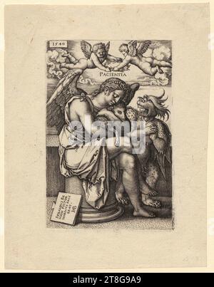 Hans Sebald Beham (1500 - 1550), Patience (Patientia), origine del mezzo di stampa: 1540, incisione su lastra di rame, dimensioni foglio: 14,7 x 11,2 cm margine lastra: 10,5 x 7,1 cm, in alto a sinistra sulla lastra datata '1540'; in alto al centro inciso "PACIENTIA"; in basso a sinistra sul piatto bezeico, verso in basso a destra inciso nella penna in marrone 'G. Foto Stock