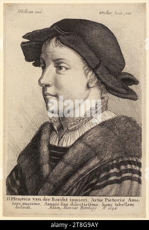 Wenzel Hollar (1607 - 1677), esecuzione Hans Holbein (il giovane) (1497 - 1543), dopo Adam Alexius Bierling (menzionato nel 1646), editore, ritratto di Hendrick van der Borcht, in profilo a sinistra, origine del supporto di stampa: 1646, incisione e punto a secco, dimensioni foglio: 10,5 x 15. 2 cm, in alto a sinistra con l'iscrizione "HHolbein inu:", in alto a destra con l'indicazione "WHollar fecit, 1646" e in basso con l'iscrizione in alto a sinistra con l'iscrizione "HHolbein inu:", in alto a destra con l'indicazione "WHollar fecit, 1646", in basso con l'iscrizione "D: o Henrico van der Borcht iuniori, Artis Pictoræ ama=, =tori maximo Foto Stock