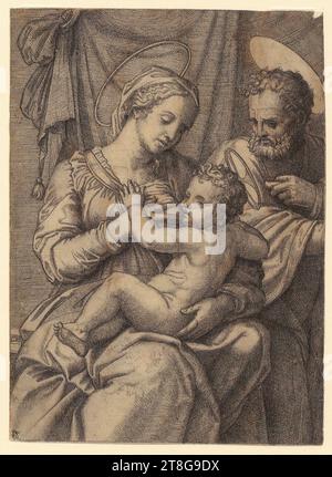 Enea Vico (1523 - 1567), artista Marcantonio Raimondi (1470, 1482 um - c. 1527, 1534), copia dopo Raffaello (1483 - 1520), dopo, Madonna col bambino in trono sulle nuvole, Marcantonio Raimondi (1470, 1482 um - c. 1527, 1534), artista Raffaello (1483 - 1520), dopo, Sacra famiglia, mezzo di stampa: 1510 - 1520, incisione su lastre di rame, dimensione foglio: 17. 0 x 12,3 cm, piastra di testo piccola in basso a sinistra non monogramma, recto in basso a sinistra nero Foto Stock