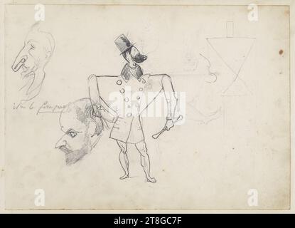 Ritratto di un uomo a cavallo (Masour?), ritratti-carica: Due teste di profilo e un uomo in piedi, disegnatore, tra il 1840 e il 1850, XIX secolo, arti grafiche, disegno, matita di grafite, Roma, dimensioni - lavoro: altezza: 36,4 cm, larghezza: 25,9 cm Foto Stock