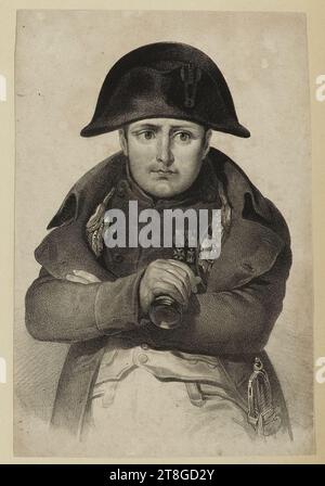 Napoleone, con cappello e camice, braccia incrociate, tenendo il suo telescopio, Dessinateur-lithographe, Estampe, Arts graphiques, Estampe, litografia, dimensioni - opera: altezza: 18,1 cm, larghezza: 12,4 cm, dimensioni - montaggio:, altezza: 32,5 cm, larghezza: 50 cm Foto Stock