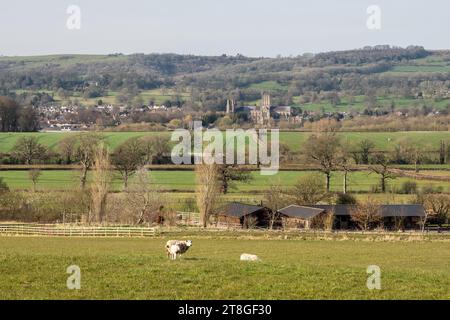 La cattedrale di Wells domina la città più piccola d'Inghilterra sotto le Mendip Hills nella campagna del Somerset. Foto Stock