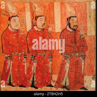 Principi uiguri che indossano abiti e copricapi in stile cinese. Bezeklik, Grotta 9, IX-XII secolo d.C. Foto Stock